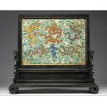 A CHINESE CLOISONNÉ ENAMEL 'FIVE DRAGONS' WOOD-INSET TABLE SCREEN