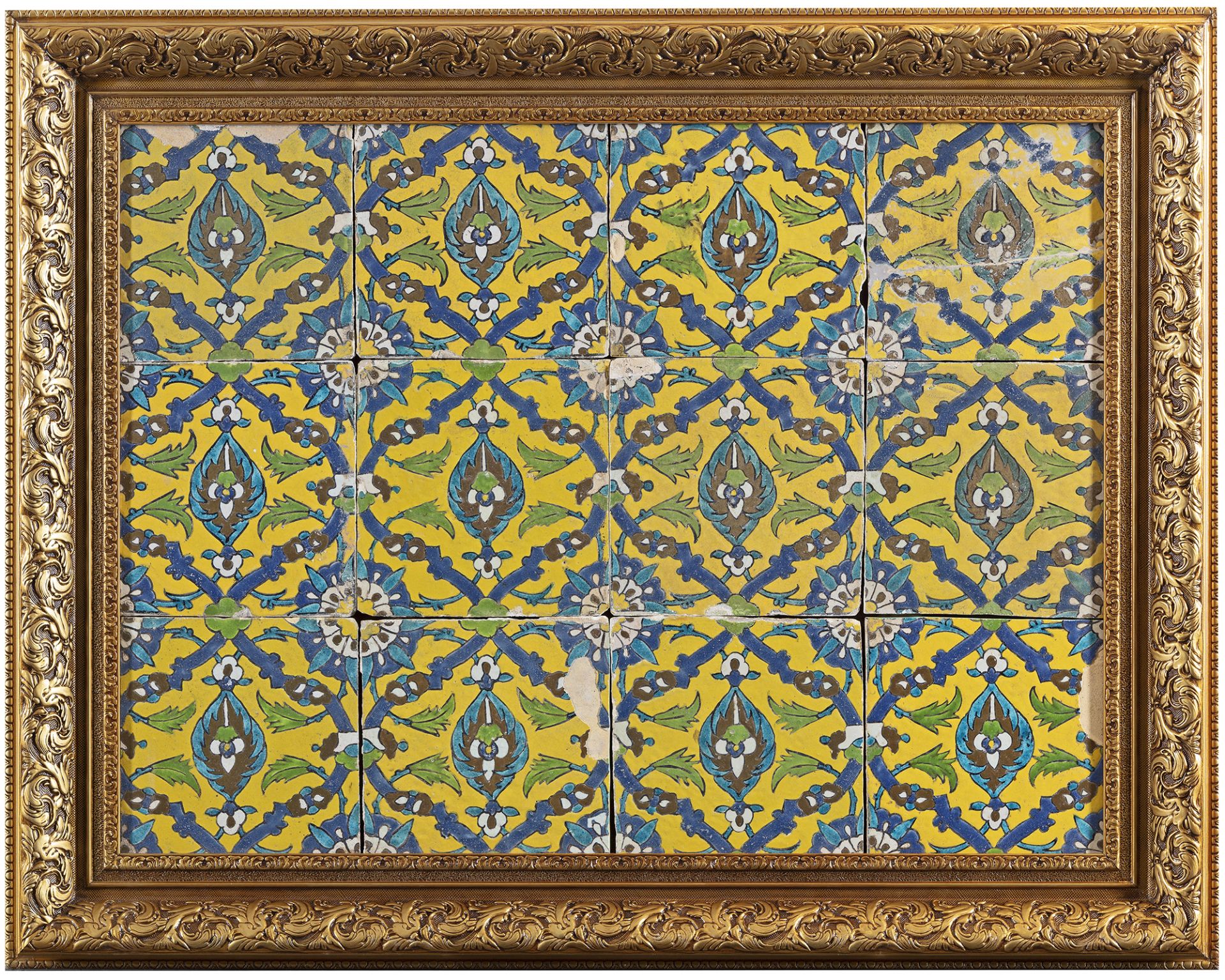 TWELVE YELLOW GROUND SAFAVID TILES MOUNTED IN A FRAME - Bild 2 aus 2