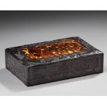 A CHINESE HARDWOOD AND FAUX-TORTOISESHELL BOX AND COVER