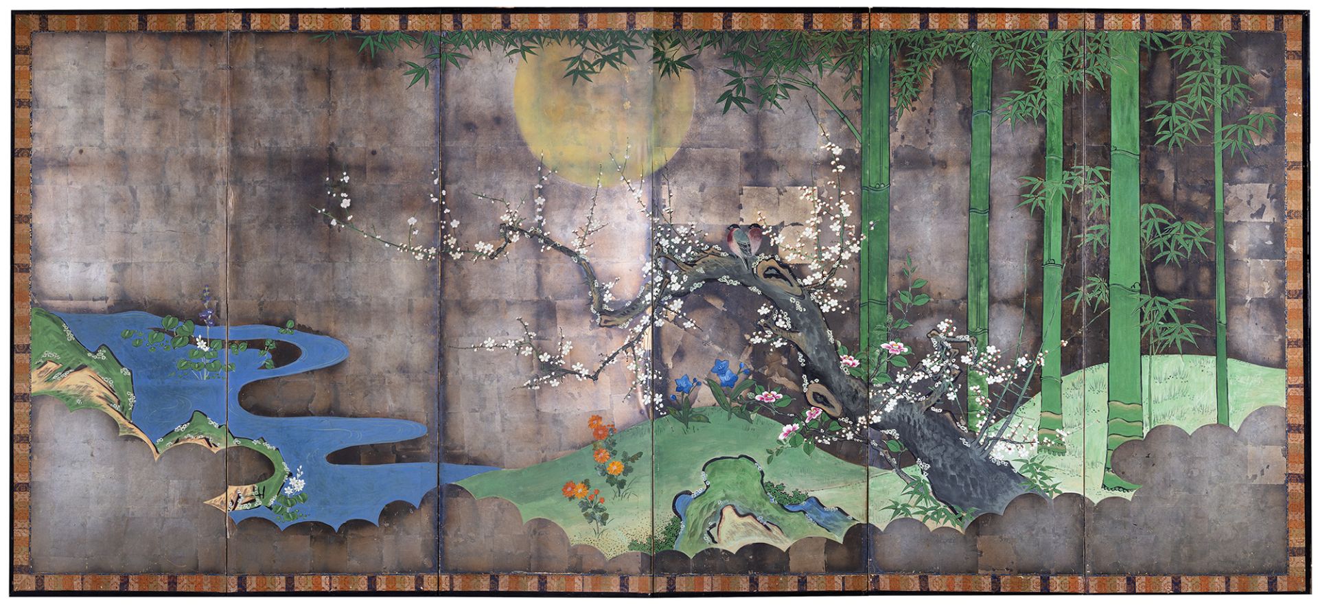 A SIX PANELJAPANESE BYOBU-SCREEN WITH A POLYCHROME ANONYMOUS PAINTING