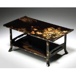 A JAPANESE BLACK LACQUERED TWO TIER LOW TABLE