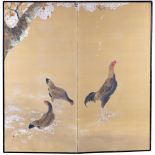 A TWO PANEL JAPANESE BYOBU-SCREEN WITH A POLYCHROME PAINTING DEPICTING THE COCK AND TWO HENS