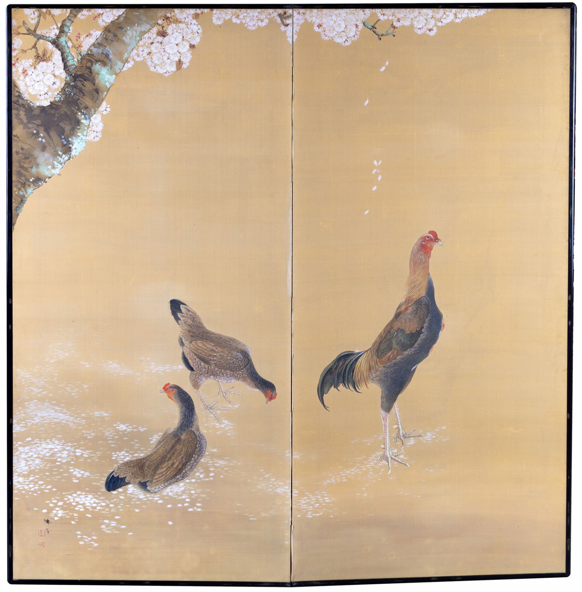 A TWO PANEL JAPANESE BYOBU-SCREEN WITH A POLYCHROME PAINTING DEPICTING THE COCK AND TWO HENS