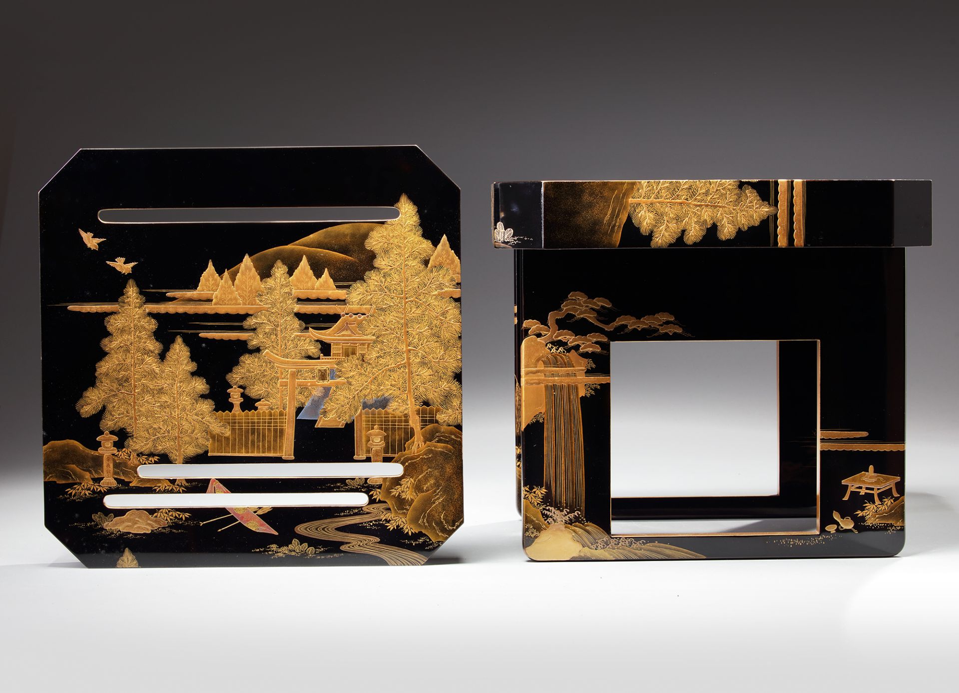 A JAPANESE SQUARE BLACK LACQUERED TABLE WITH A SEPARATE TRAY IN ITS TOP