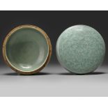 A KOREAN CELADON-GLAZED 'PEONIES' ROUND BOX AND COVER