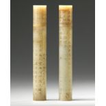 A PAIR OF CHINESE JADE CARVED JOSS STICK HOLDERS AND COVERS