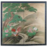 A TWO PANEL JAPANESE BYOBU-SCREEN WITH A POLYCHROME PAINTING DEPICTING PHEASANTS