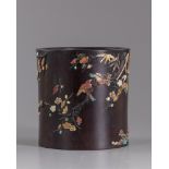 A CHINESE HARDWOOD SOAPSTONE AND MOTHER-OF-PEARL INLAID BRUSH POT