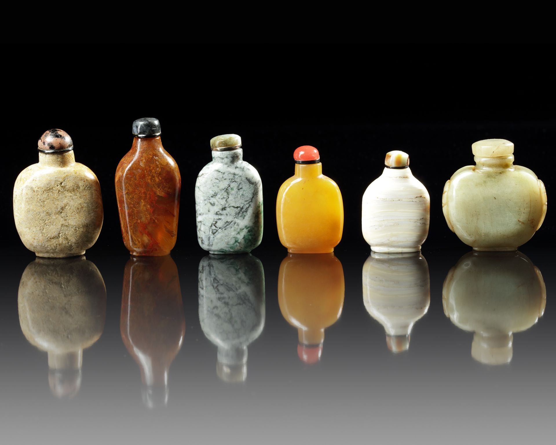 SIX CHINESE HARDSTONE SNUFF BOTTLES