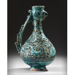 A RARE FRITWARE OPENWORK DECORATED RETICULATED EWER WITH ROOSTER HEAD