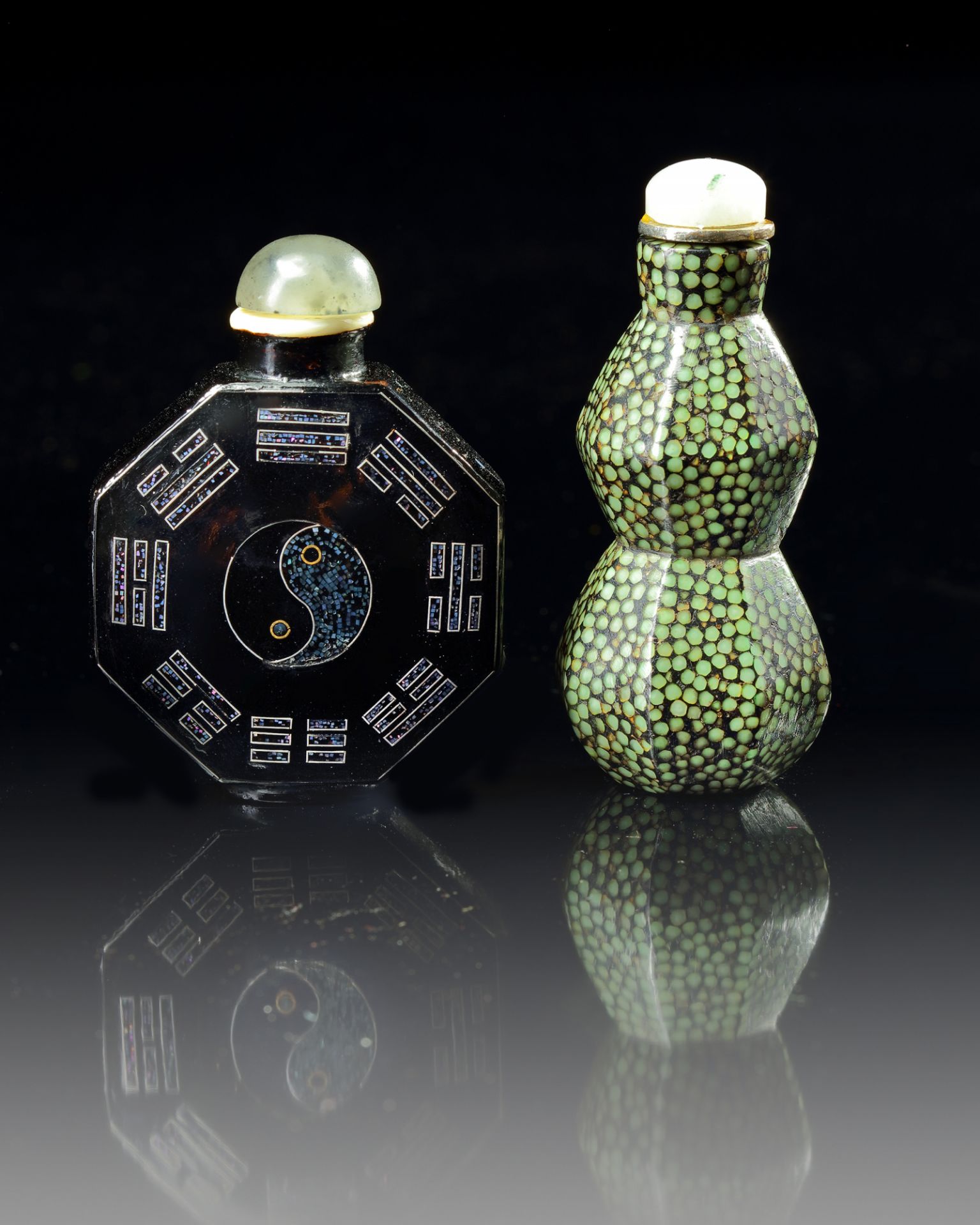 TWO CHINESE INLAID-LACQUER SNUFF BOTTLES