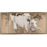 A SIX PANEL JAPANESE BYOBU-SCREEN WITH A PAINTING OF A LARGE WHITE ELEPHANT