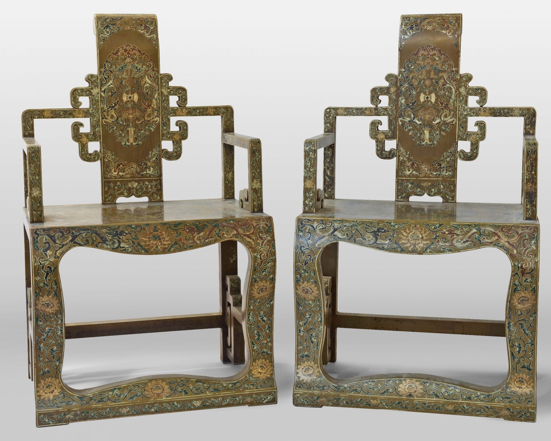 A PAIR OF CHINESE POLYCHROME LACQUERED AND GILT ARM CHAIRS