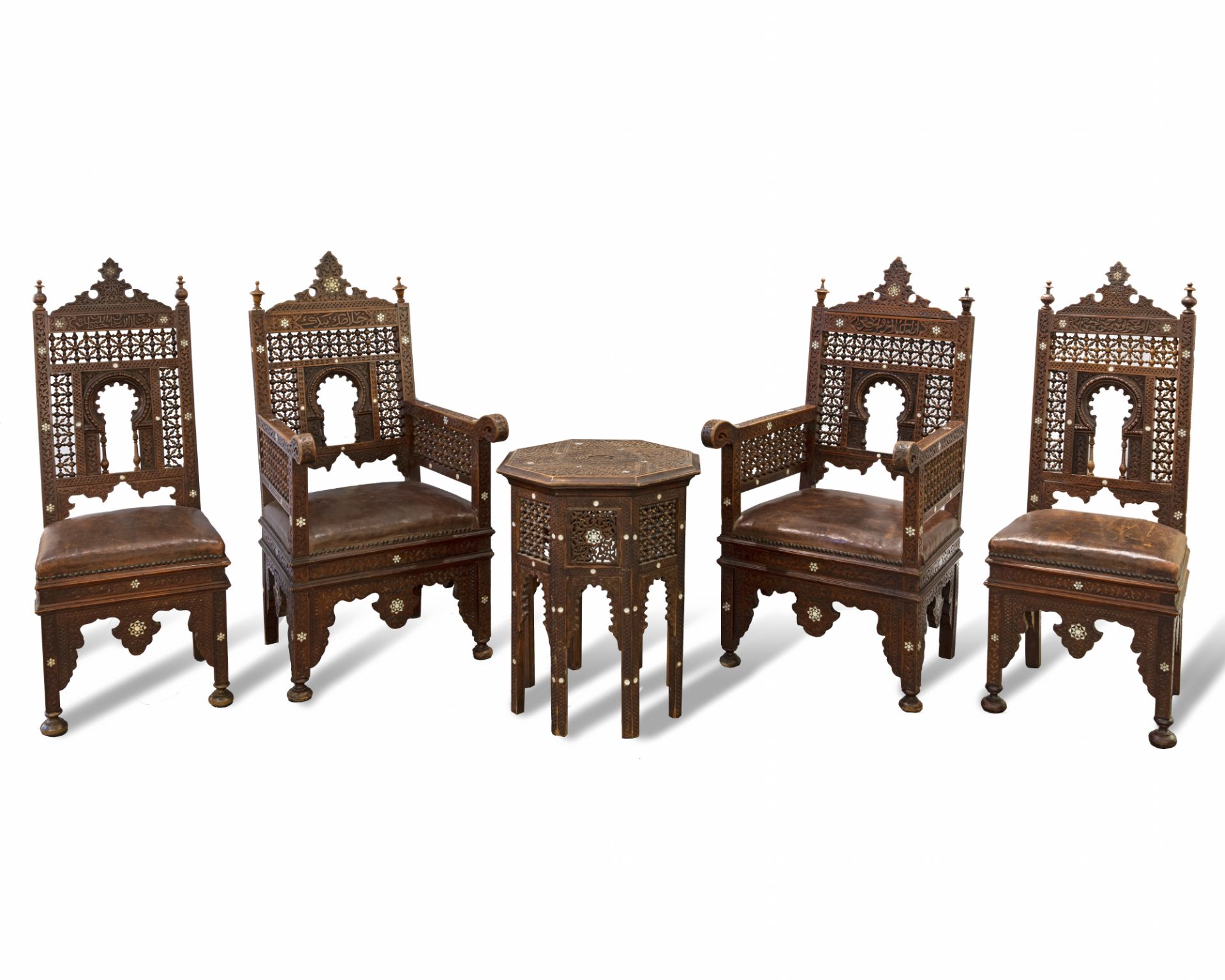 FOUR SYRIAN MOTHER-OF-PEARL INLAID WOODEN CHAIRS AND TABLE SYRIA-DAMASCUS, LATE 19TH CENTURY