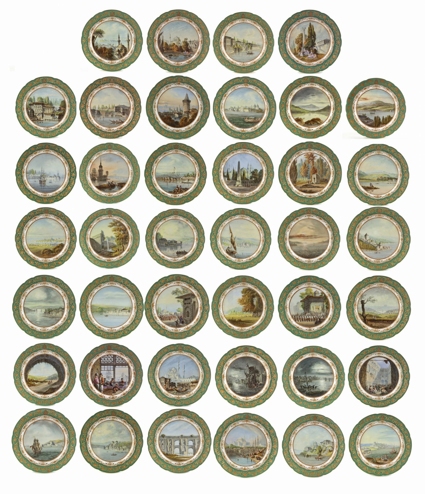 AN EXTRAORDINARY SET OF 40 PARIS PORCELAIN PLATES, PARIS, CIRCA 1850