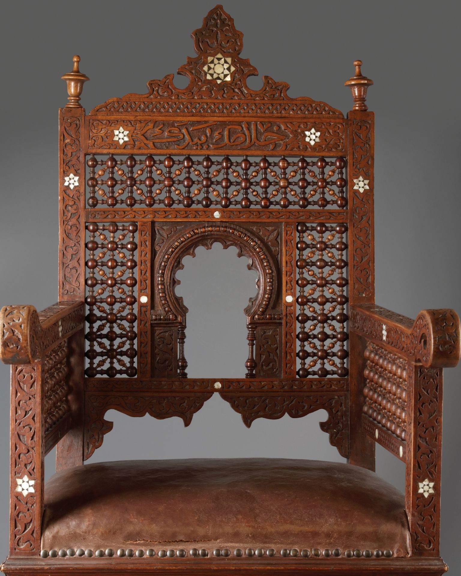 FOUR SYRIAN MOTHER-OF-PEARL INLAID WOODEN CHAIRS AND TABLE SYRIA-DAMASCUS, LATE 19TH CENTURY - Image 3 of 6