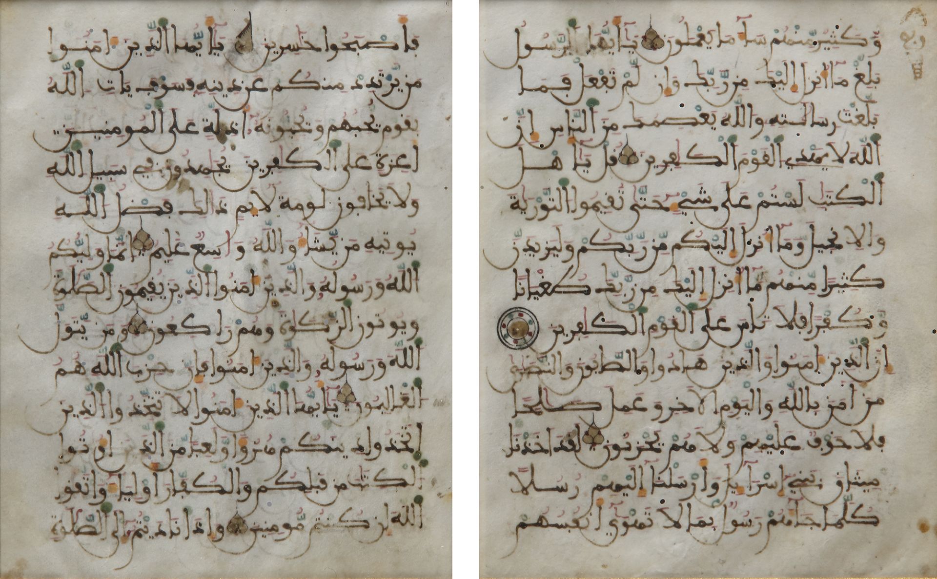 TWO ANDALUSI KUFIC SCRIPT QURAN FOLIOS, ANDALUSIA, 13TH CENTURY