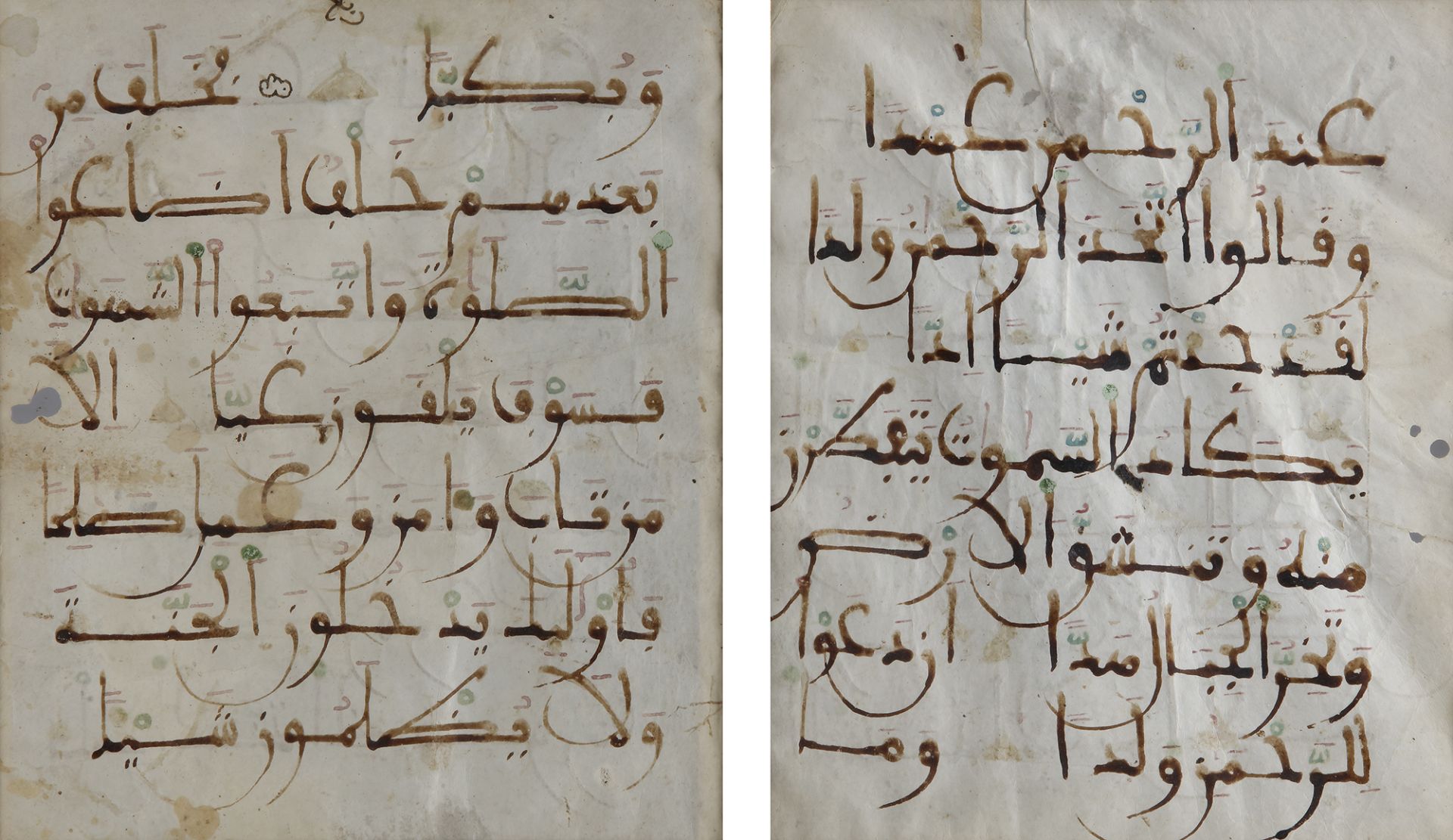 TWO ANDALUSI KUFIC SCRIPT QURAN FOLIOS, ANDALUSIA, 13TH CENTURY