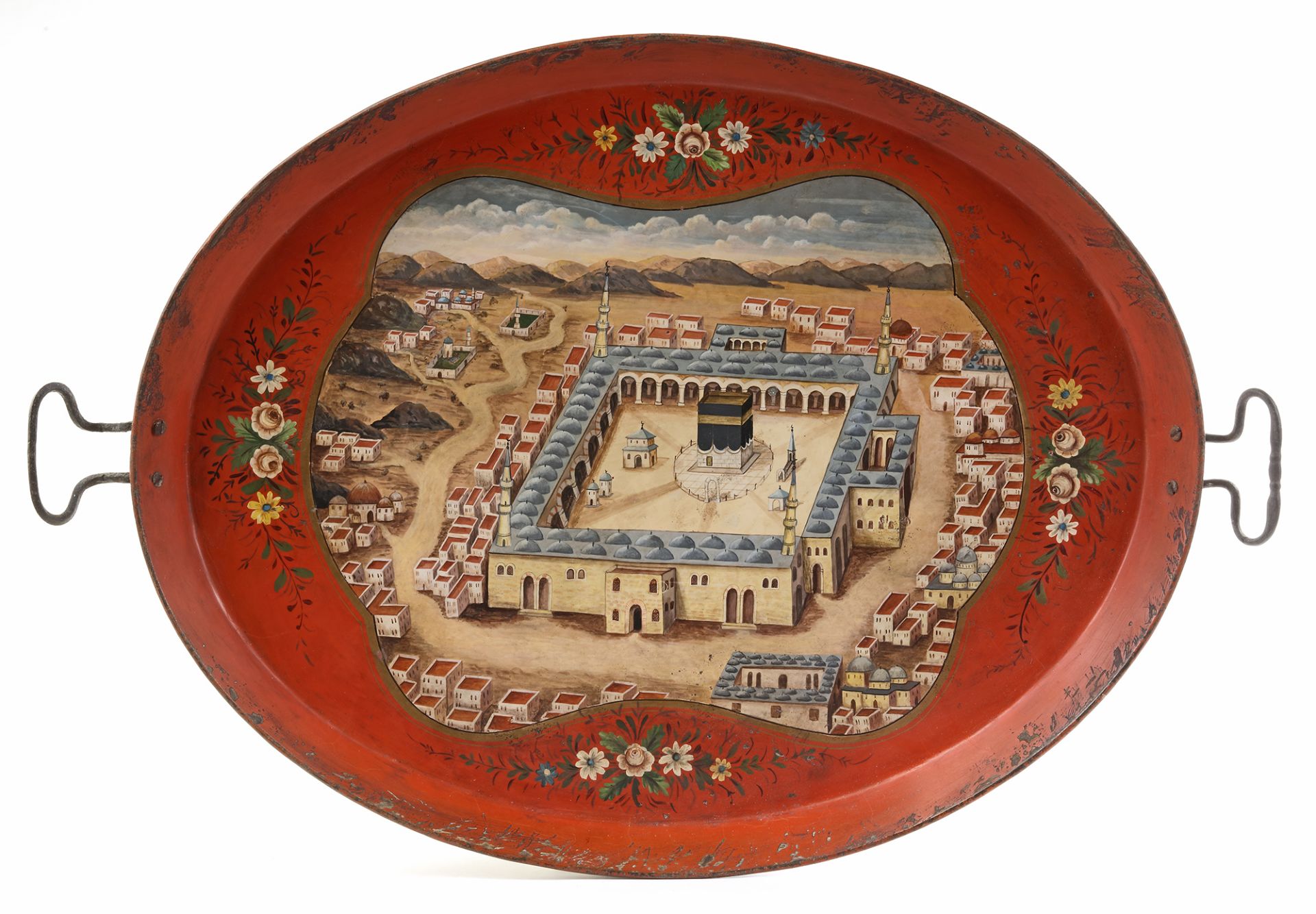 AN OTTOMAN PAINTED METAL TRAY WITH A DEPICTION OF THE MASJID AL-HARAM AT MECCA,TURKEY, PROBABLY ISTA