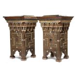 A PAIR OF DAMASCUS BONE-INLAID PAINTED WOOD PLANT STANDS INLAID WITH DAMASCUS POTTERY TILES, SYRIA,