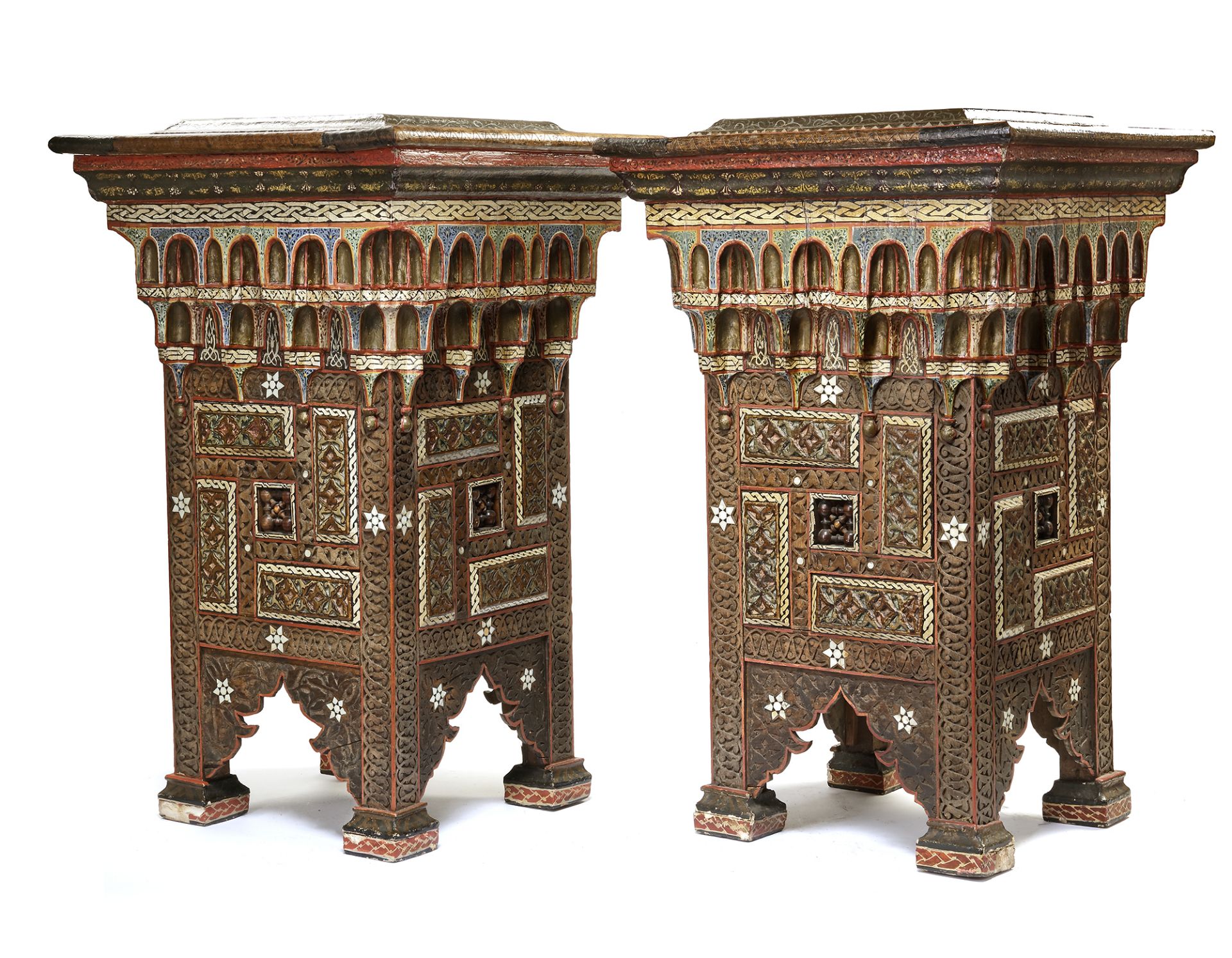 A PAIR OF DAMASCUS BONE-INLAID PAINTED WOOD PLANT STANDS INLAID WITH DAMASCUS POTTERY TILES, SYRIA,