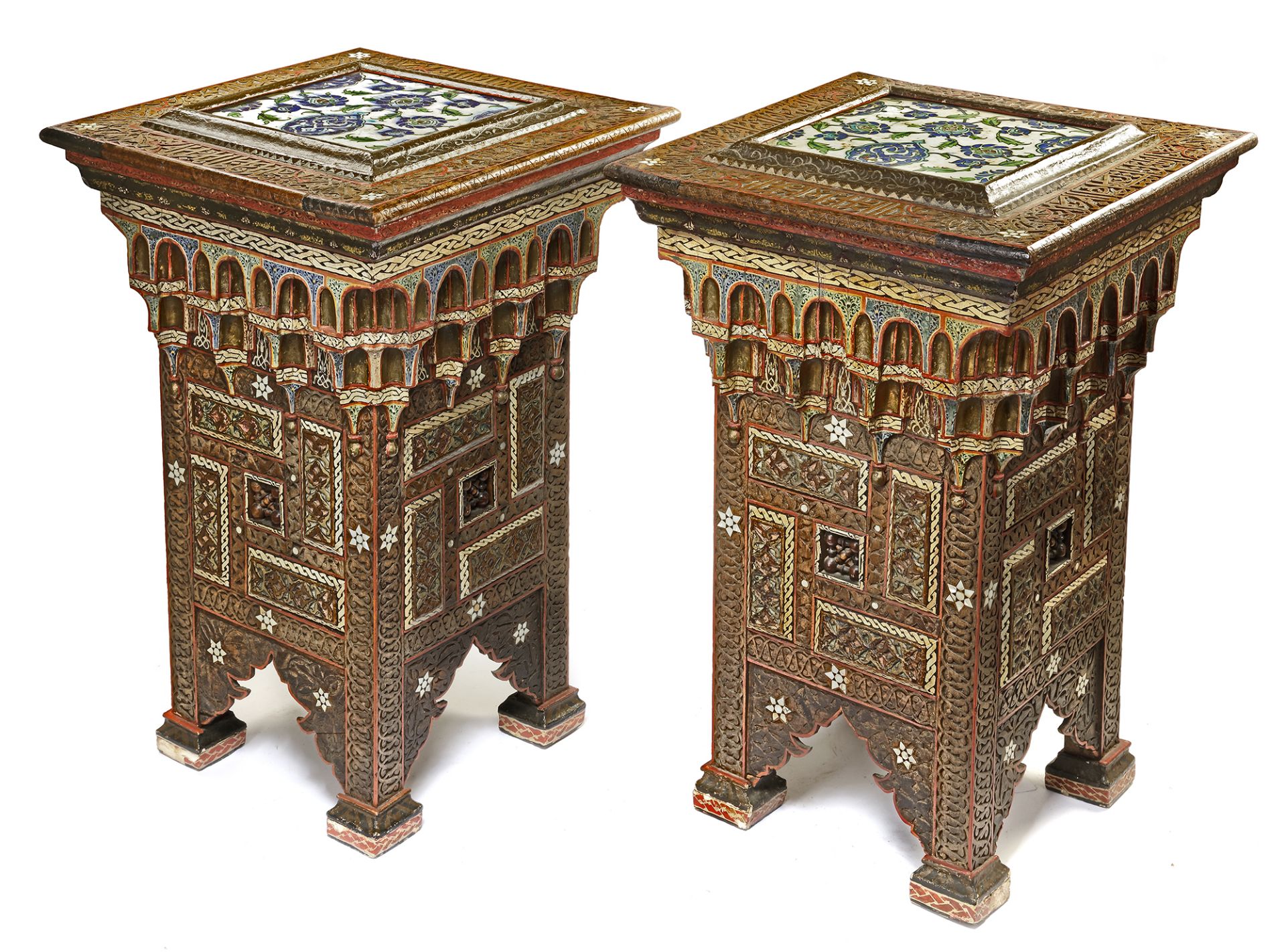 A PAIR OF DAMASCUS BONE-INLAID PAINTED WOOD PLANT STANDS INLAID WITH DAMASCUS POTTERY TILES, SYRIA, - Image 3 of 10