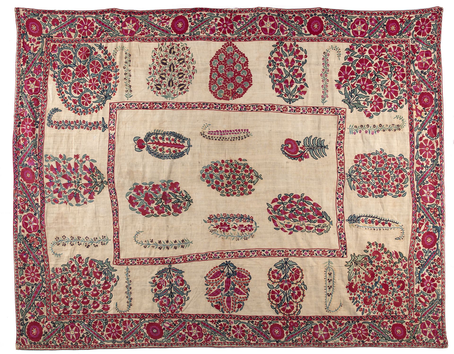 A NURATA SILK EMBROIDERED LINEN PANEL (SUZANI) UZBEKISTAN, 19TH CENTURY