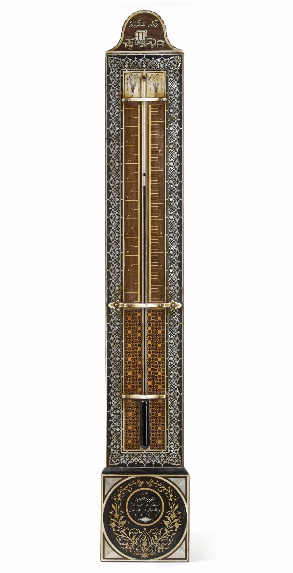 AN OTTOMAN WOODEN MOTHER-OF-PEARL AND IVORY INLAID BAROMETER,1297 AH/1879 - 1880 AD