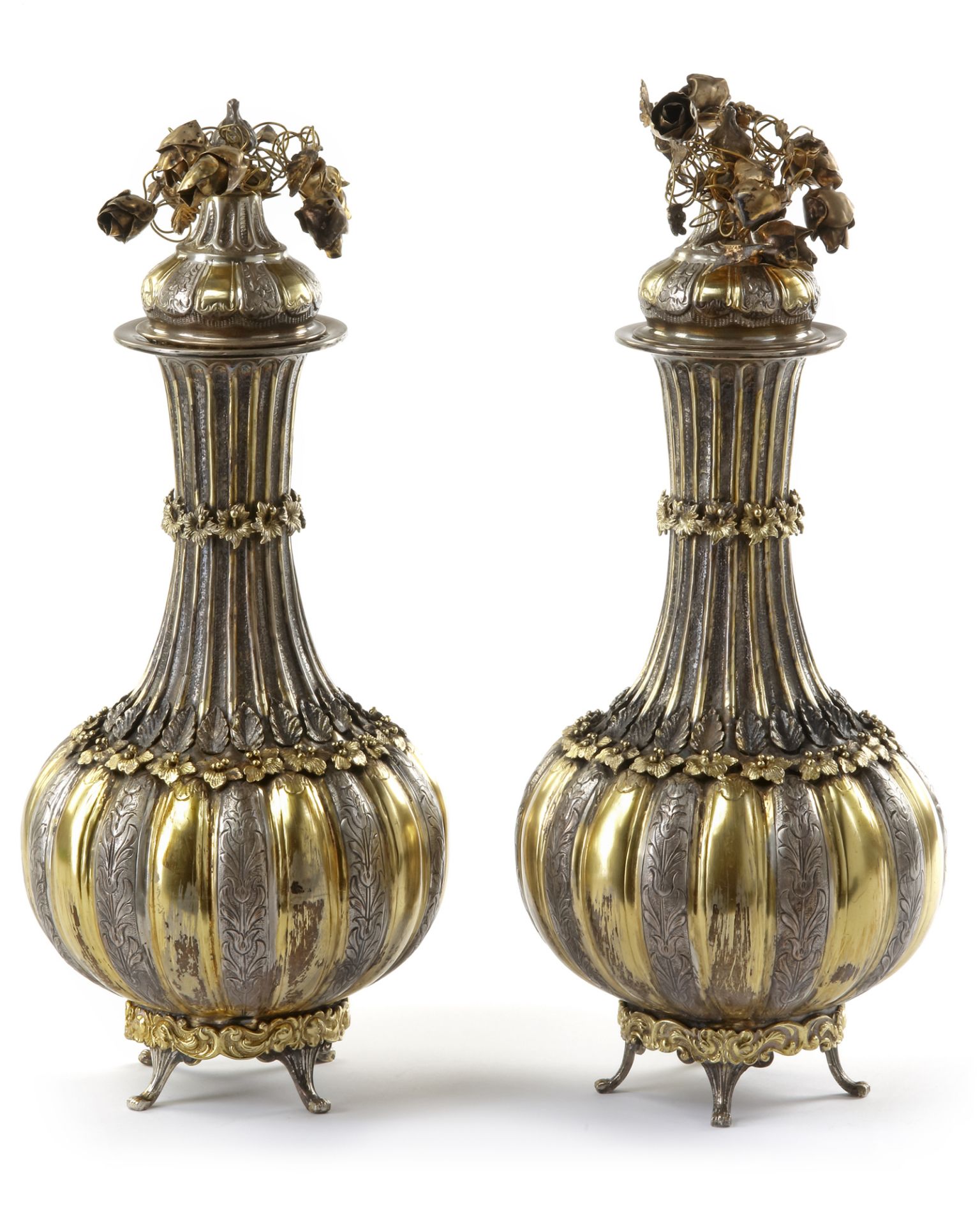 A PAIR OF GILT SILVER VASES WITH COVERS, TURKEY, 19TH CENTURY