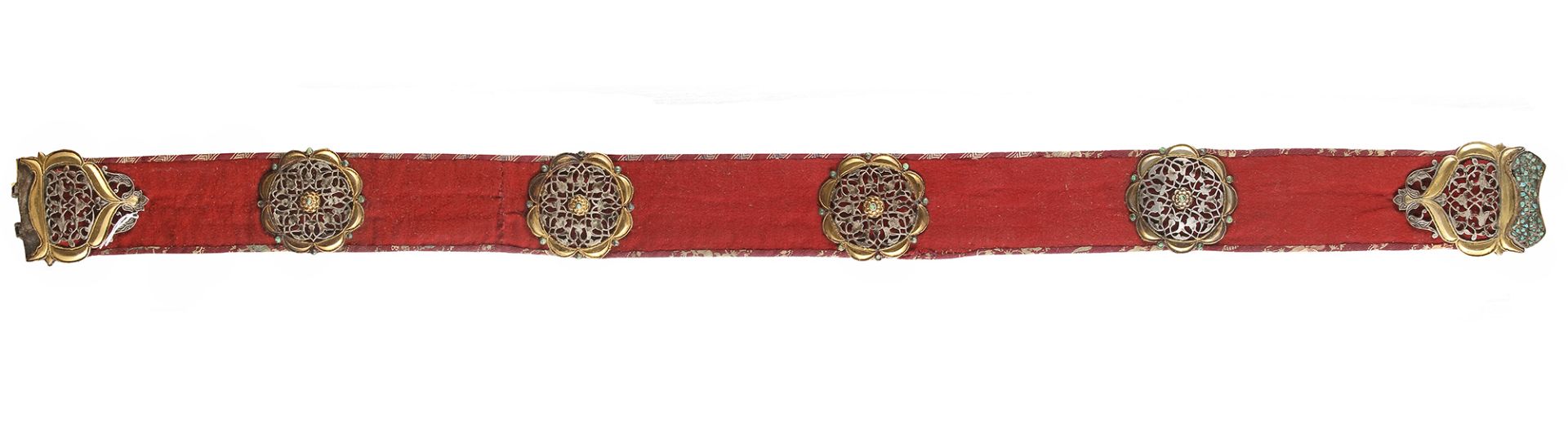 A BOKHARA TURQUOISE-INLAID SILVER-GILT MOUNTED BELT, CENTRAL ASIA, LATE 19TH CENTURY