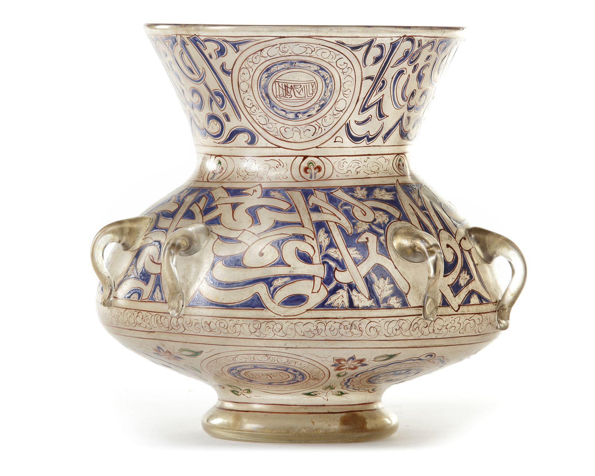 A MAMLUK-STYLE ENAMELLED CLEAR GLASS MOSQUE LAMP POSSIBLY BROCARD, FRANCE, SECOND HALF 19TH CENTURY - Image 4 of 10