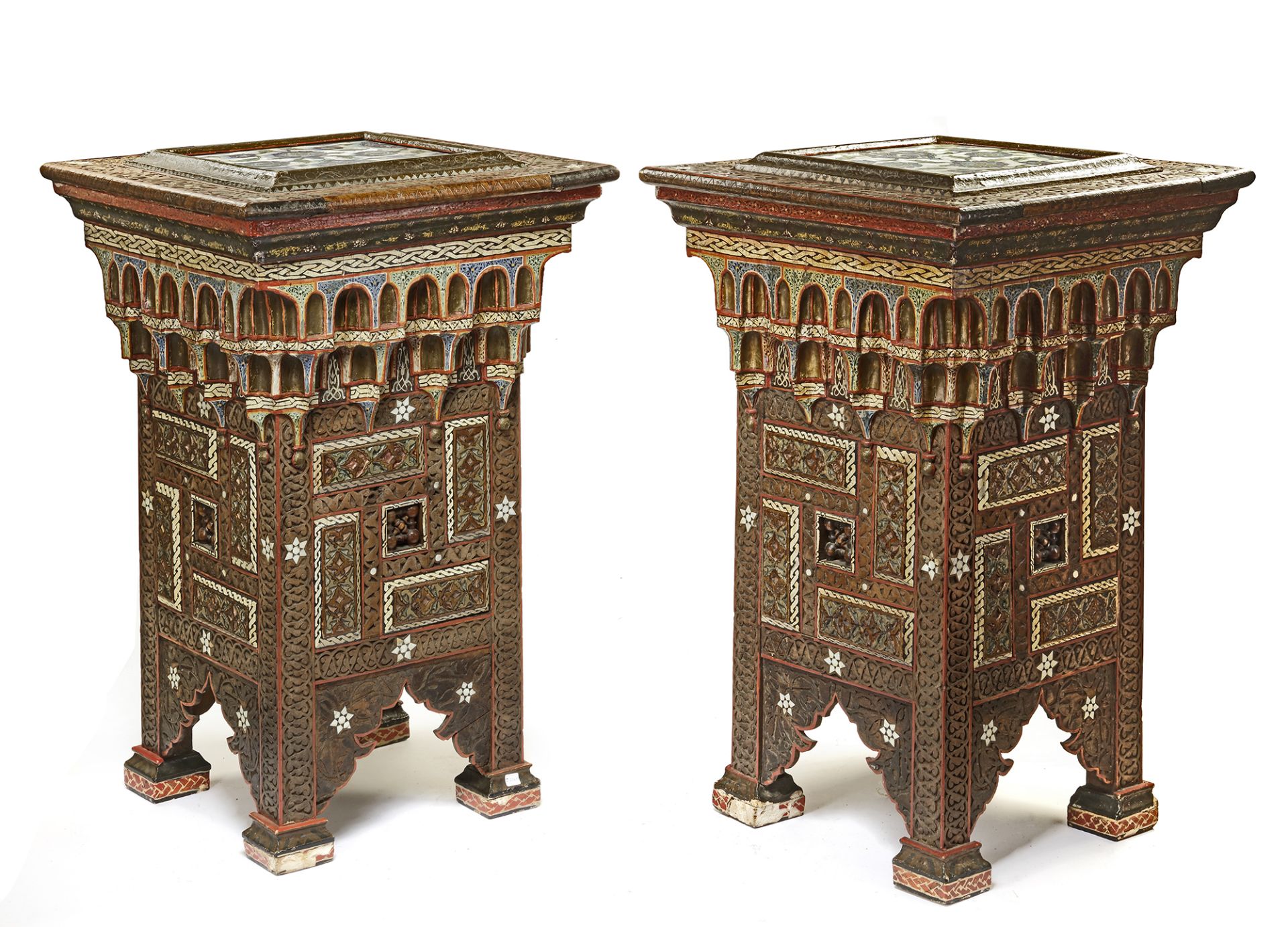 A PAIR OF DAMASCUS BONE-INLAID PAINTED WOOD PLANT STANDS INLAID WITH DAMASCUS POTTERY TILES, SYRIA, - Image 6 of 10