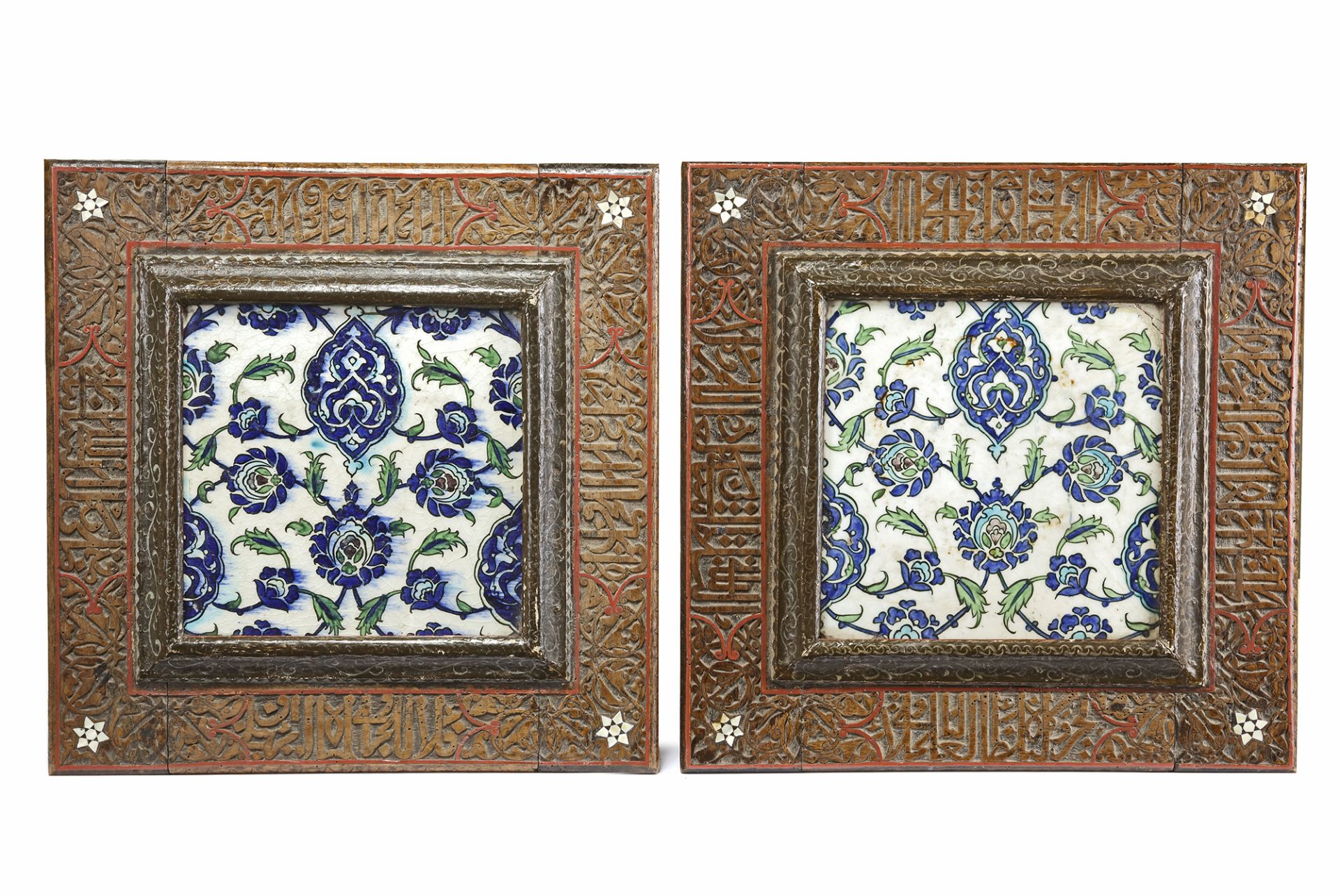 A PAIR OF DAMASCUS BONE-INLAID PAINTED WOOD PLANT STANDS INLAID WITH DAMASCUS POTTERY TILES, SYRIA, - Image 7 of 10