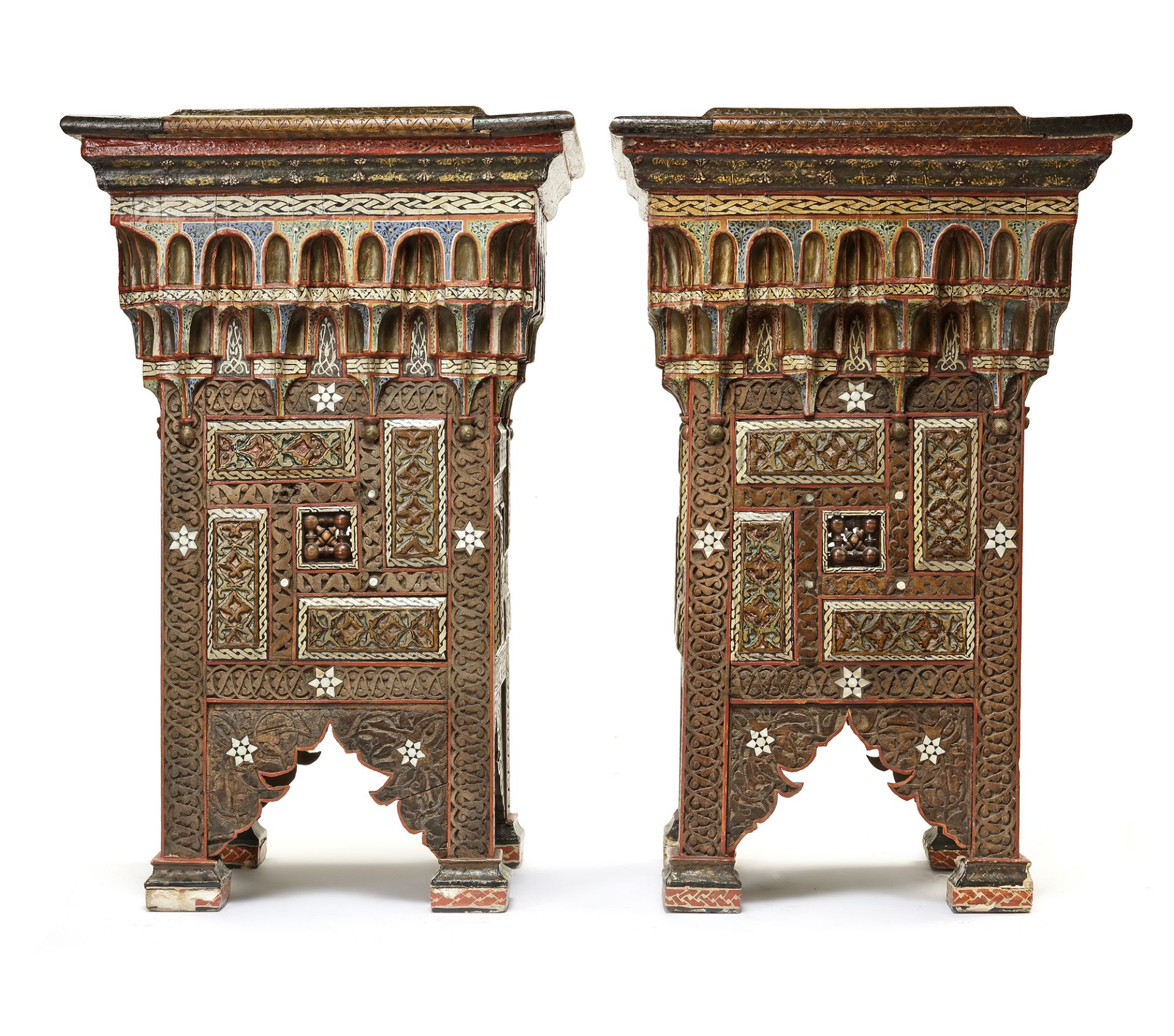 A PAIR OF DAMASCUS BONE-INLAID PAINTED WOOD PLANT STANDS INLAID WITH DAMASCUS POTTERY TILES, SYRIA, - Image 10 of 10