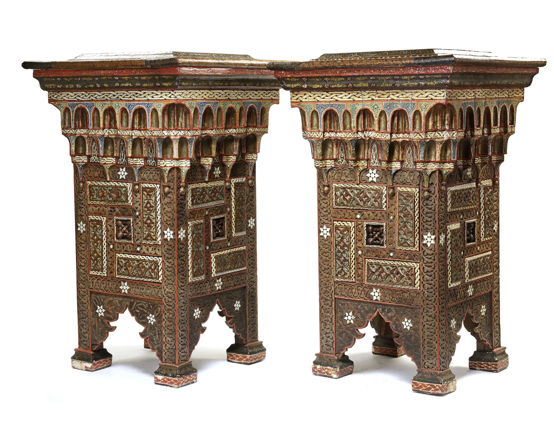 A PAIR OF DAMASCUS BONE-INLAID PAINTED WOOD PLANT STANDS INLAID WITH DAMASCUS POTTERY TILES, SYRIA, - Image 2 of 10