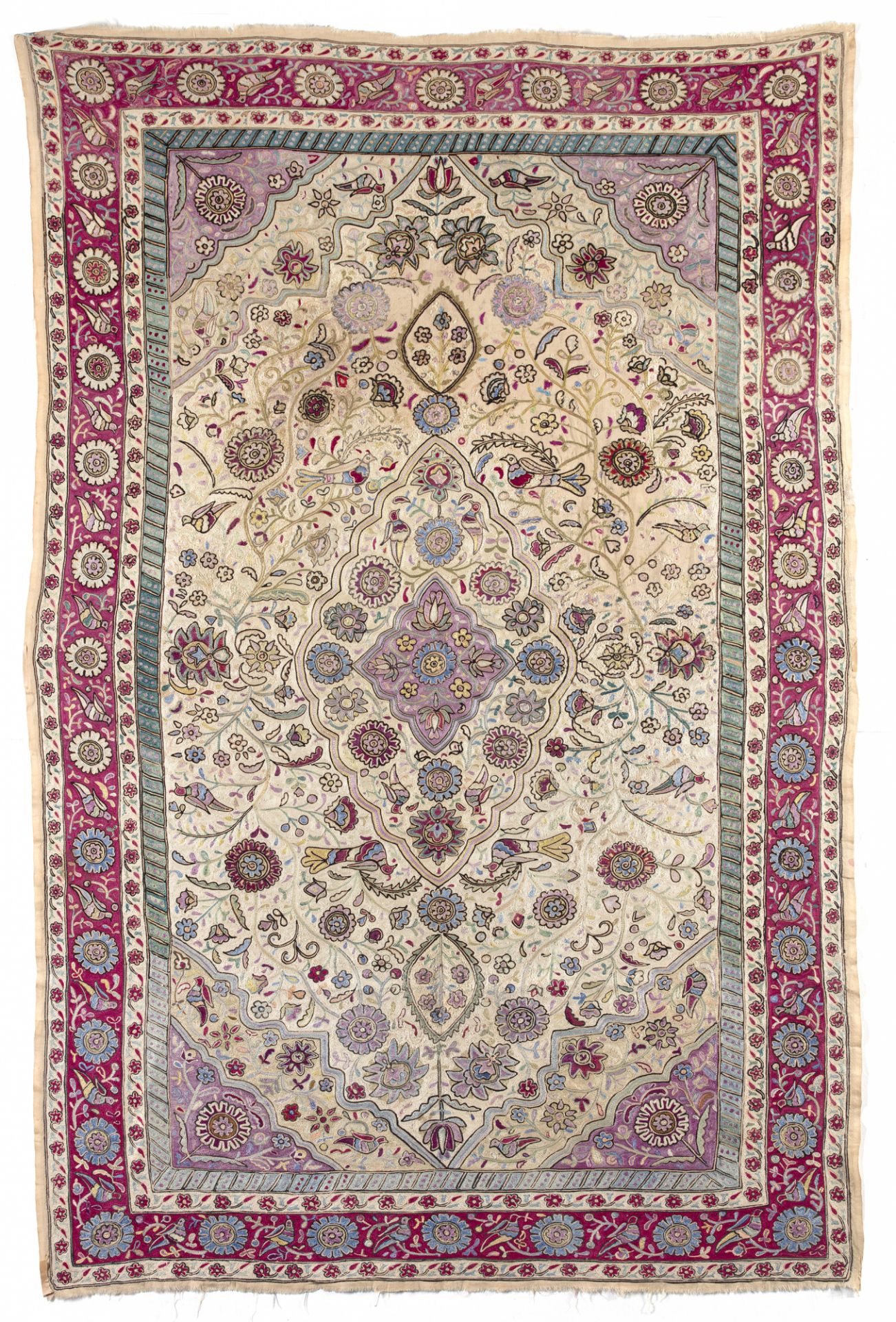 A SILK CAUCASIAN EMBROIDERED PRAYER RUG SAFAVID, AZERBAIJAN, 18TH CENTURY