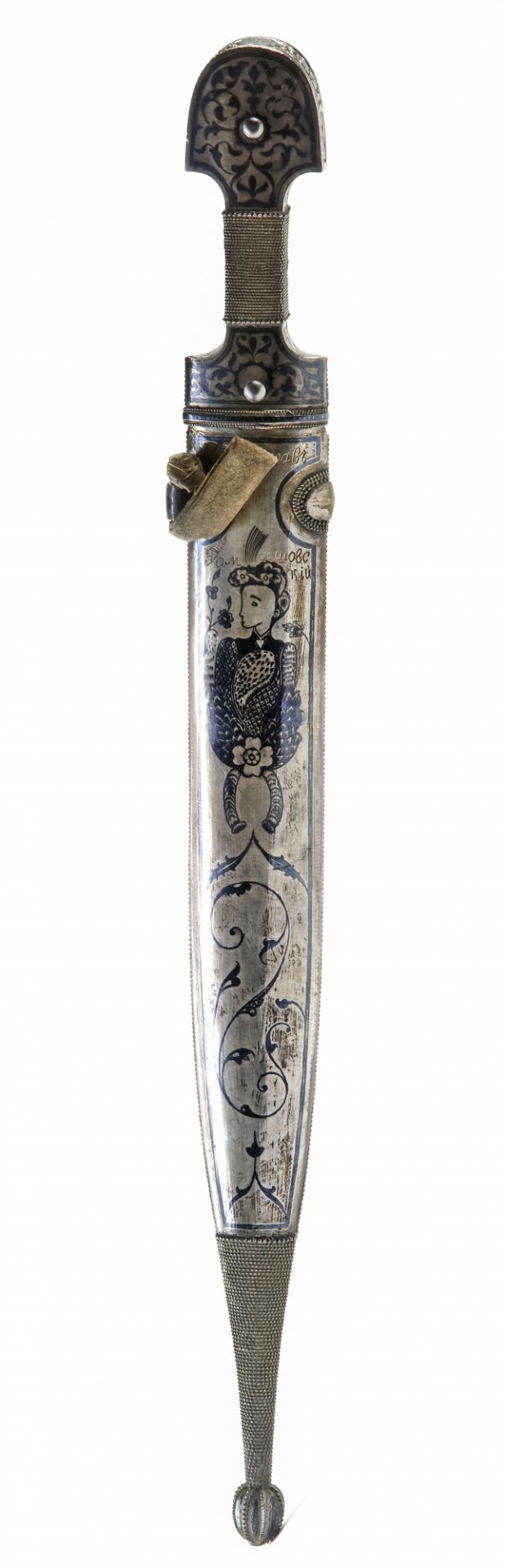 A CAUCASIAN NIELLO-SILVER KINDJAL WITH SCABBARD, 19TH CENTURY