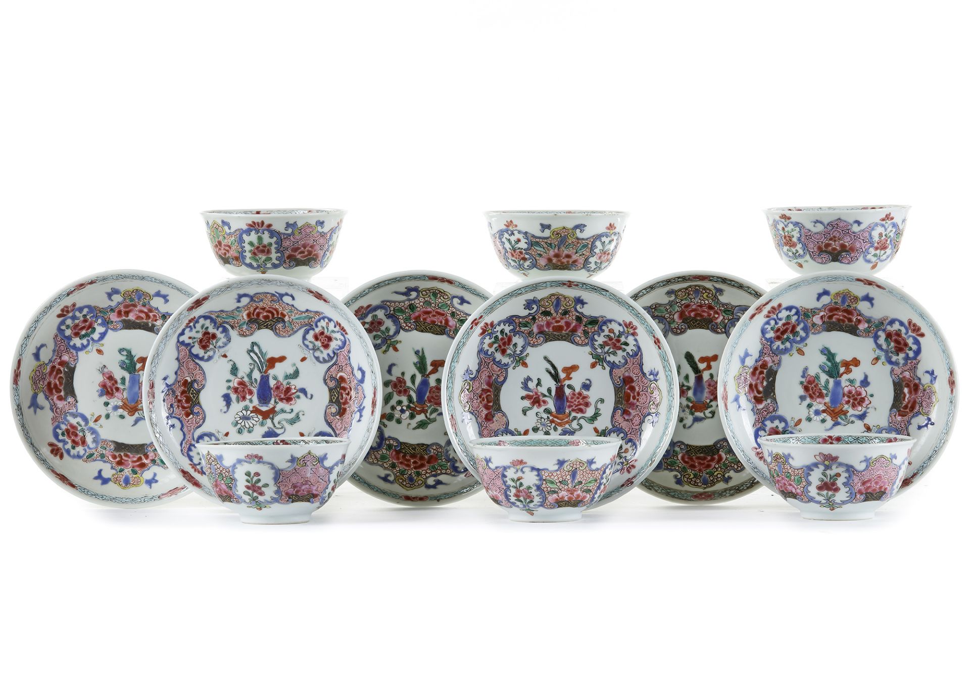 A SET OF SIX CHINESE FAMILLE ROSE CUPS AND SAUCERS, 18TH CENTURY