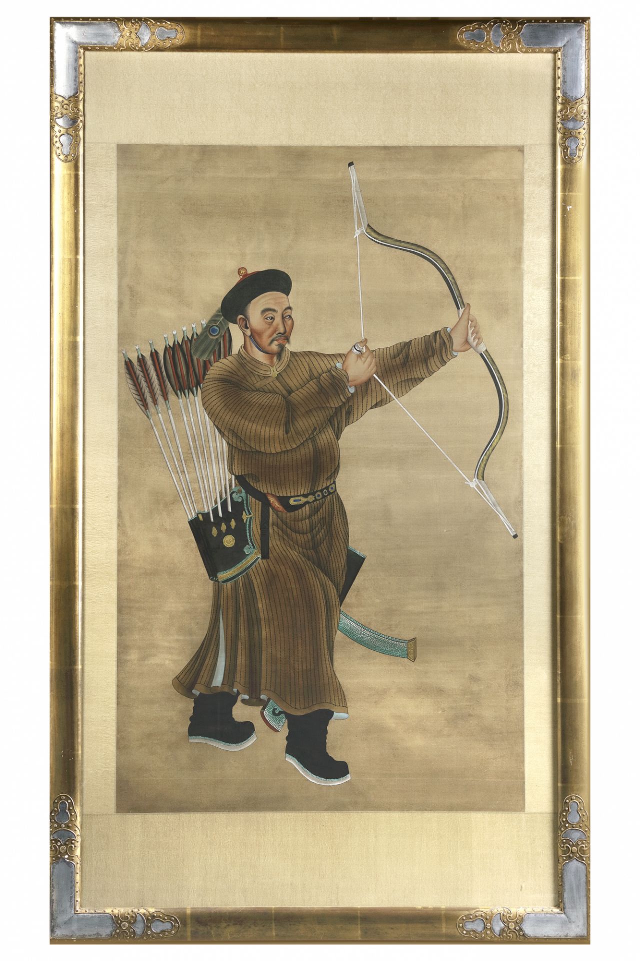 A LARGE CHINESE PAINTING OF AN MANCHU ARCHER, 19TH CENTURY