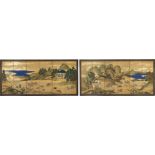 A SET OF TWO JAPANESE SIX PANEL BYOBU SCREENS DEPICTING A LANDSCAPE WITH A HUNTING SCENE, EDO PERIOD