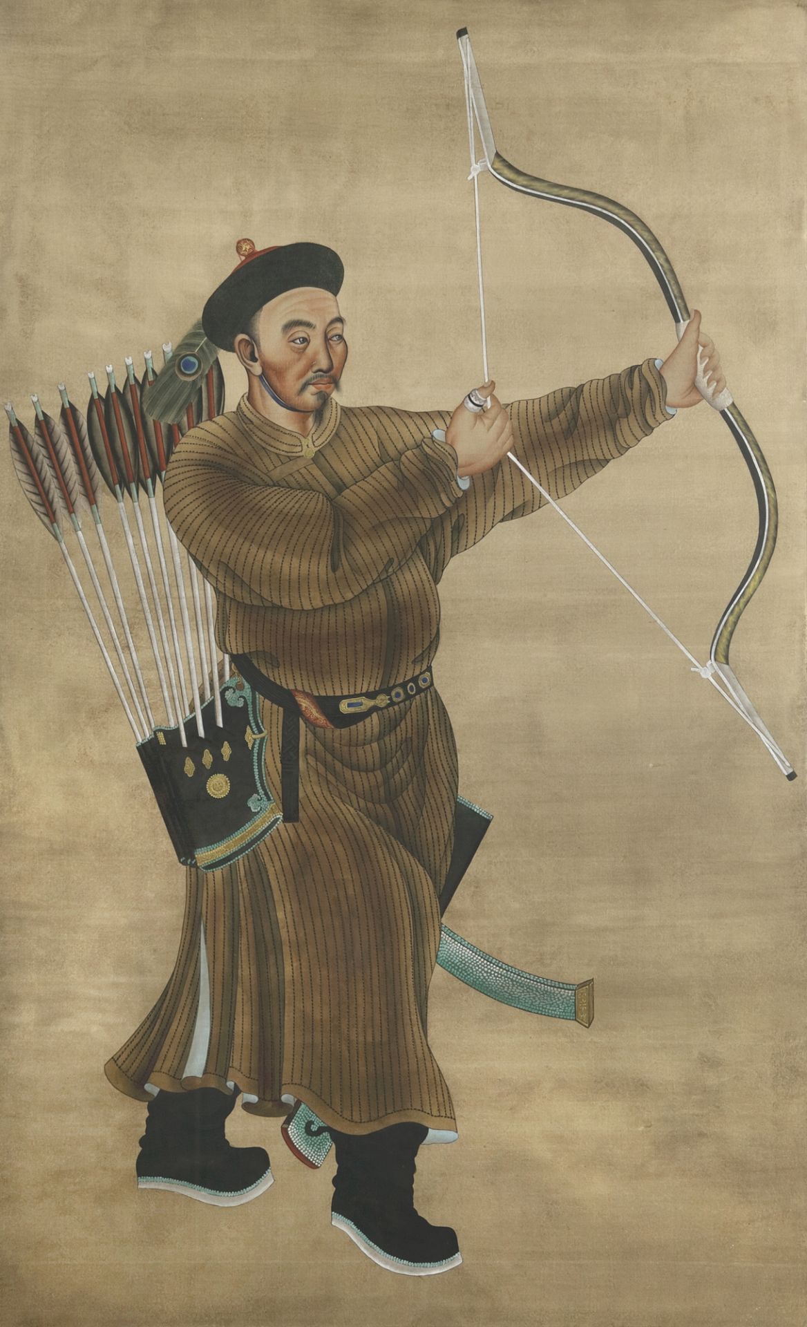 A LARGE CHINESE PAINTING OF AN MANCHU ARCHER, 19TH CENTURY - Bild 2 aus 2