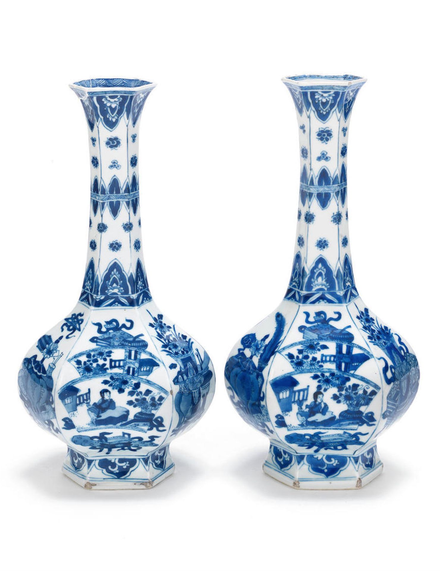 A PAIR OF CHINESE BLUE AND WHITE HEXAGONAL BOTTLE VASES, KANGXI PERIOD (1662-1722)