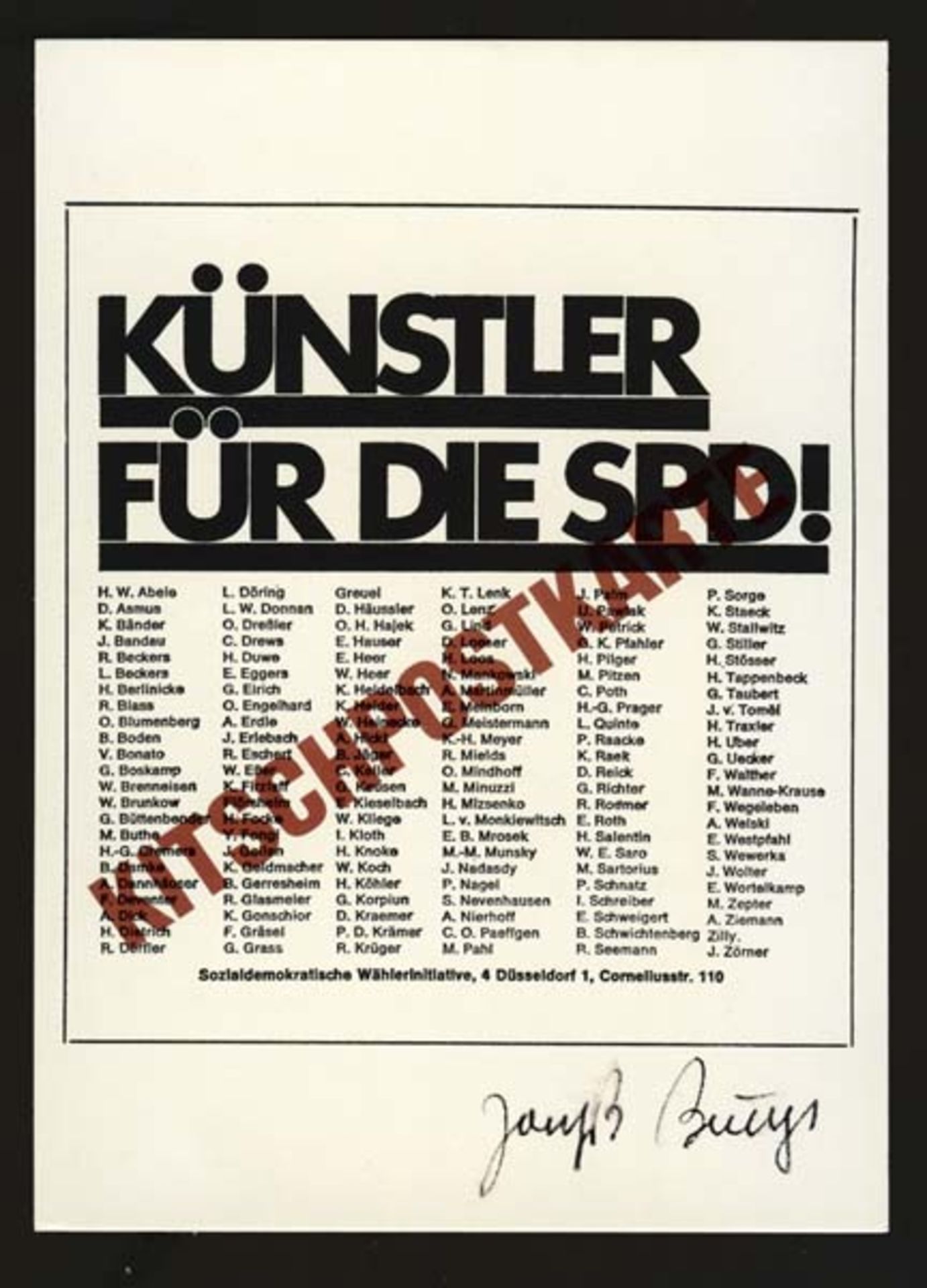 Beuys, Joseph(Krefeld 1924 - 1986 Düsseldorf)Kitschpostkarte - Künstler für die SPDOffsetdruck,