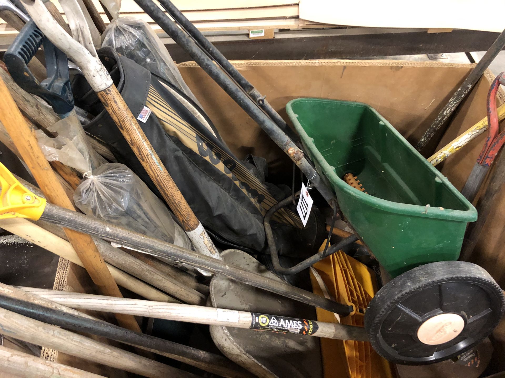 Gaylord box of landscaping hand tools shovels spreader take an iron’s and etc. - Image 3 of 10