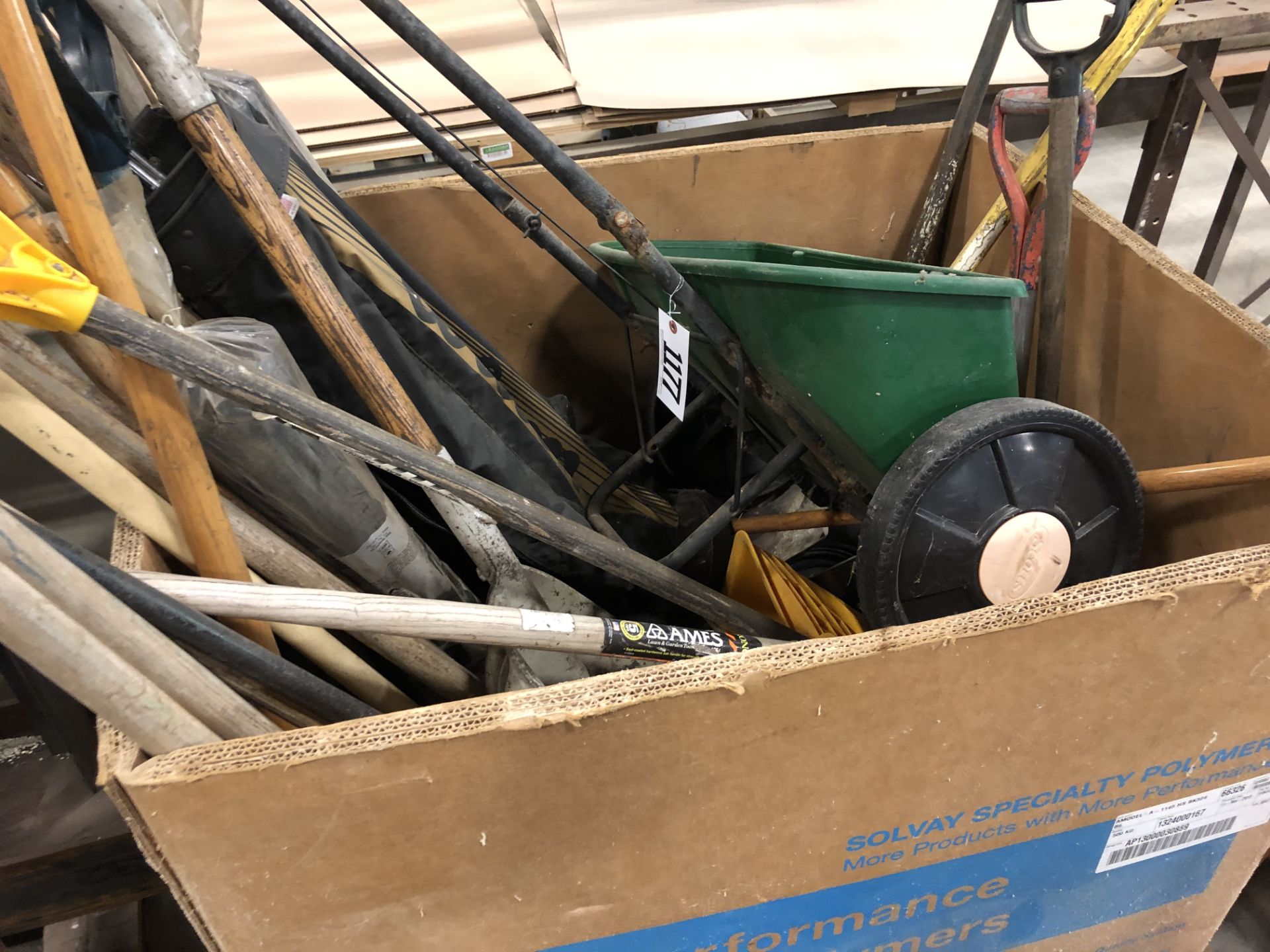 Gaylord box of landscaping hand tools shovels spreader take an iron’s and etc. - Image 2 of 10