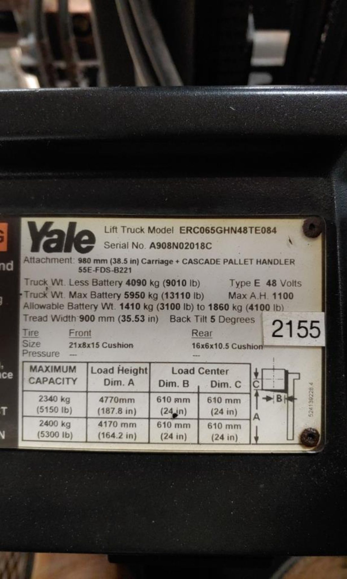 Yale 6500lb electric forklift, 48 volt - Image 5 of 5