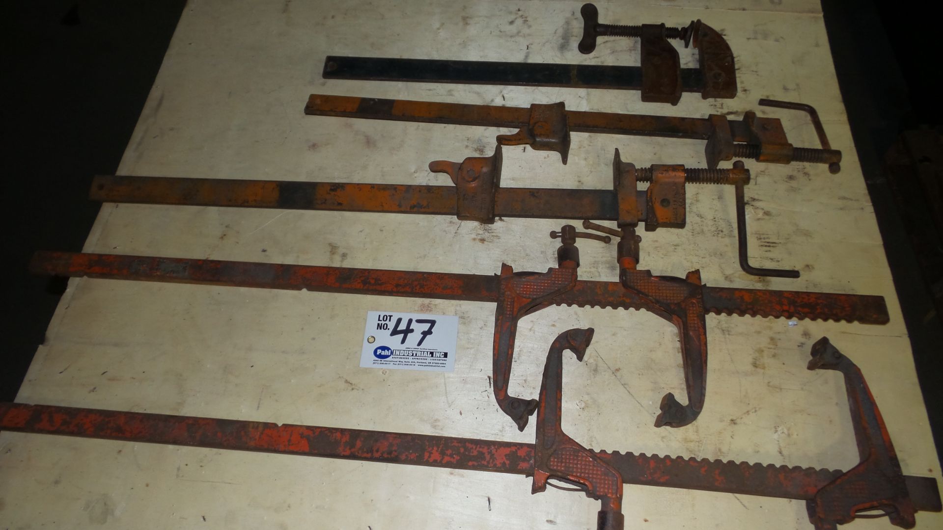 2 Carver 12" bar clamps, 3 assorted size steel bar clamps