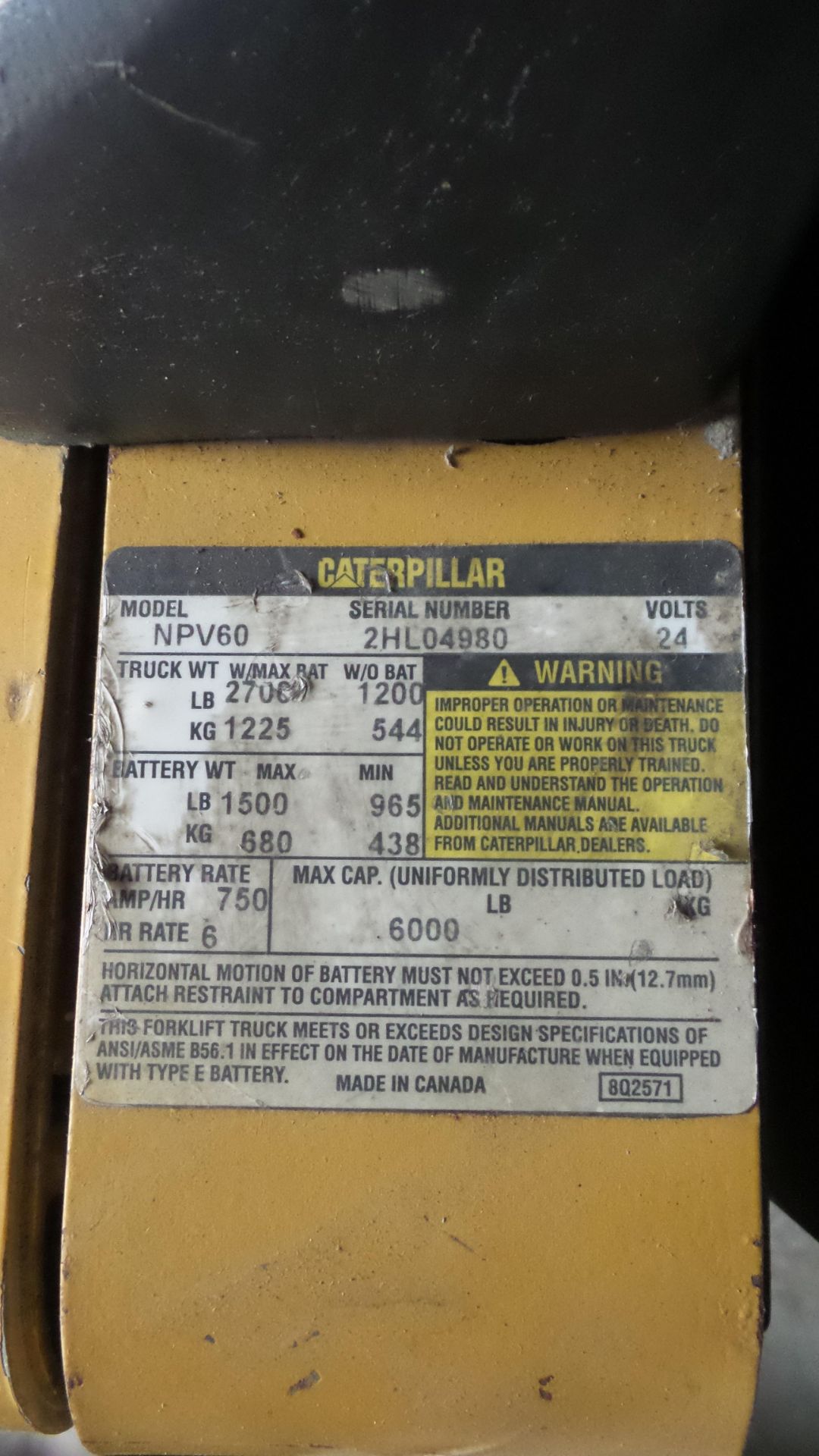 Caterpillar NPV60 Electric Pallet Jack 24V,2,700lb cap, 3,231hrs s/n: 2HL04980 - Image 2 of 2