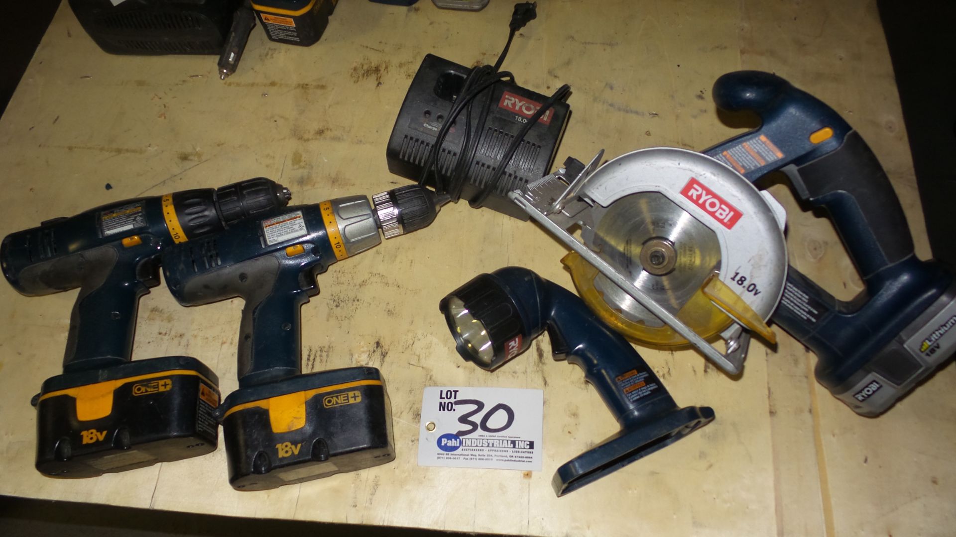 2 Ryobi 12" Cordless 18V Drills, 6" Circular Saw, and Shop Light