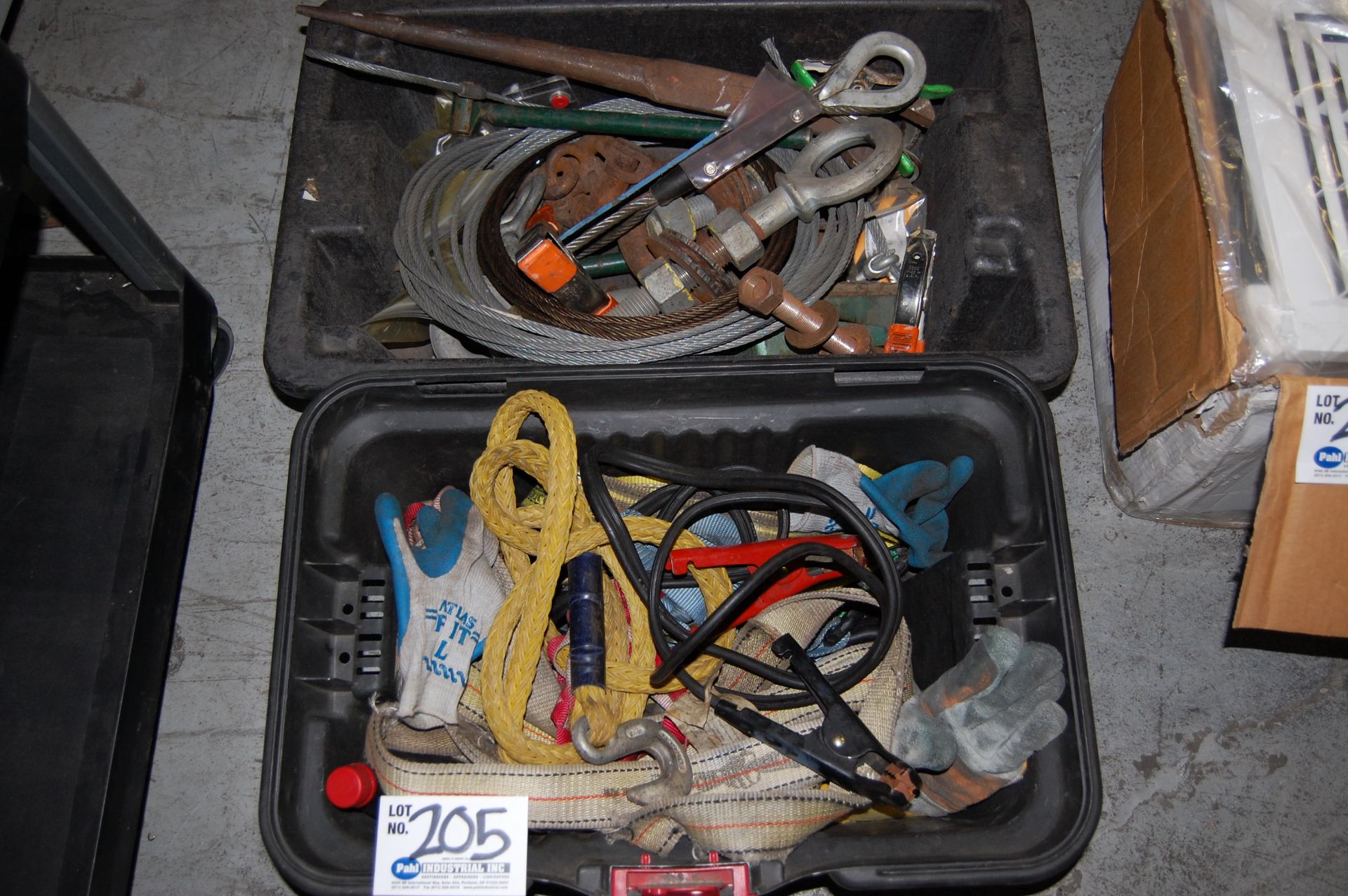 Assorted Rigging supplies in 2 bins